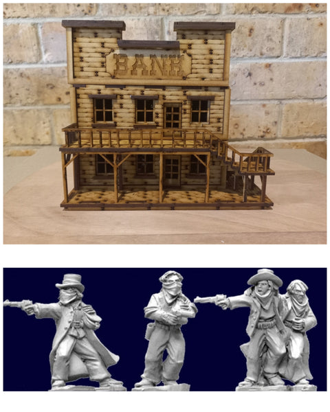 Wild West Deluxe Bank Plus 3x Bank Robbers 28mm Scale