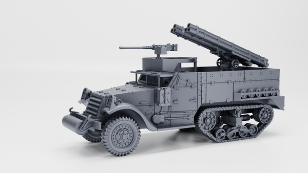 WW2 M2A1 half-track with two triple rocket launcher tubes