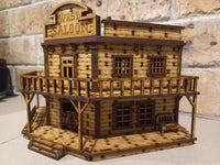 Wild West Deluxe Corner Saloon with 3x Miniatures 28mm Scale